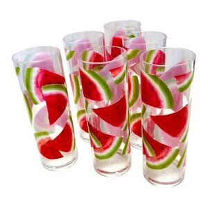 Retro Summer Watermelon Slice 8" Highball Collins Glass Set of 6 Fruit Cocktail